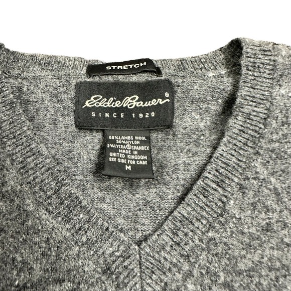 Eddie Bauer Sweater Mens Medium Gray Lambs Wool Blend Vneck Stretch Pullover - Picture 2 of 8